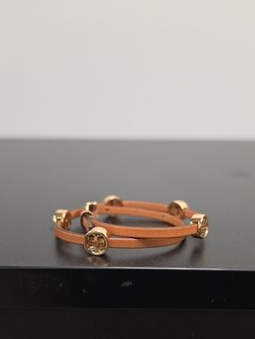 Tory Burch Tan Leather Double Wrap Bracelet with Gold Logo Discs